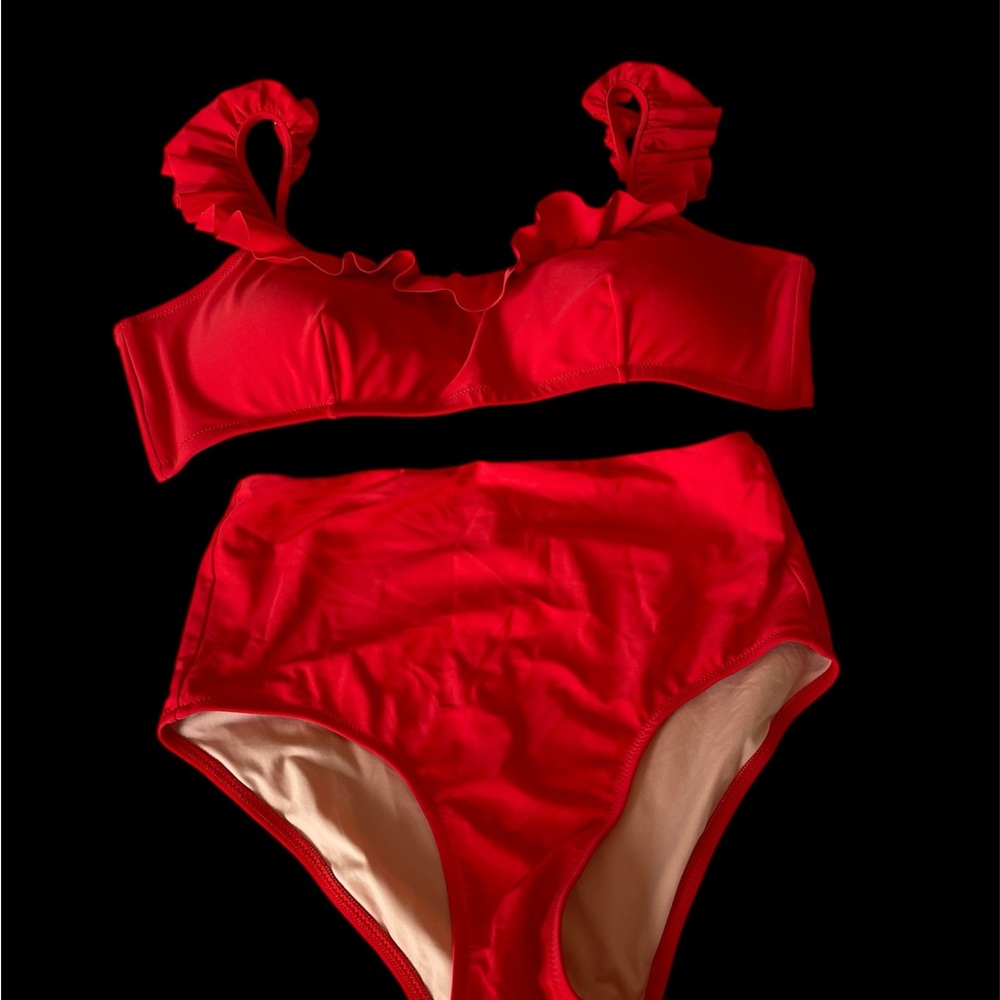 J. Crew Red Retro High-Waisted Bikini with Ruffle Details